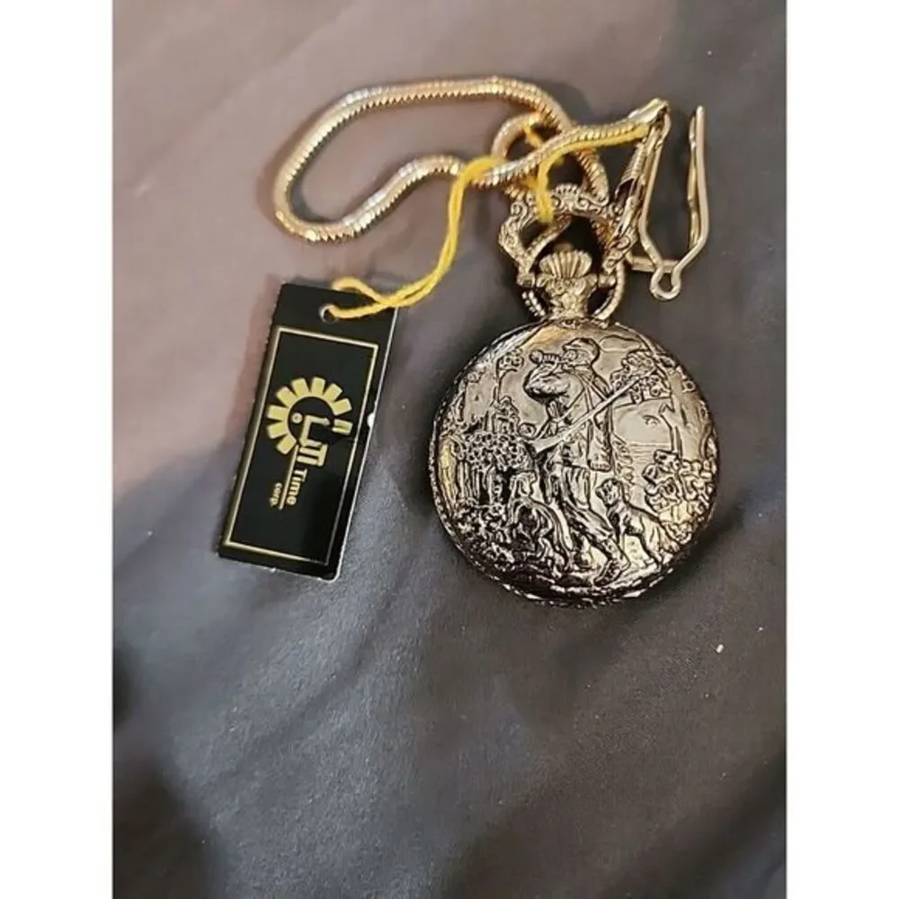 Unitron Silver Tone Finish‎ White Dial Pocket Watch Hunting Scene NWT